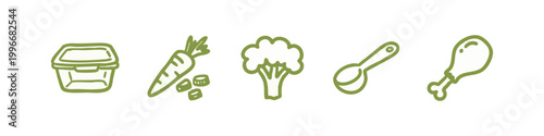 Green hand-drawn food icons: container, carrots, broccoli, spoon, chicken leg