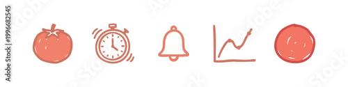 Coral hand-drawn icons: tomato, stopwatch, bell, graph, apple