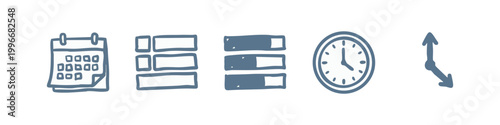 Blue hand-drawn icons: calendar, dashboard, clock, arrow