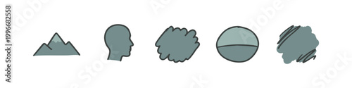 Gray hand-drawn landscape and abstract icons: mountain, head, cloud, circle, scribble