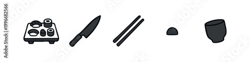 Dark gray hand-drawn sushi icons: sushi set, knife, chopsticks, wasabi, cup