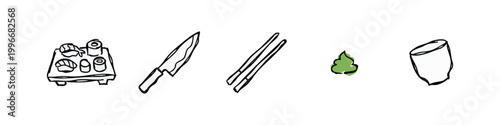 Black and white hand-drawn sushi icons: sushi set, knife, chopsticks, wasabi, cup