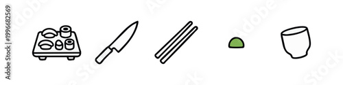 Line art sushi icons: sushi set, knife, chopsticks, wasabi, cup