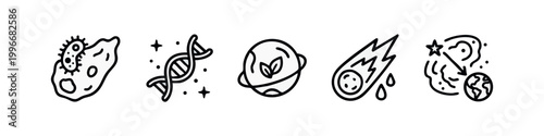 Line art icons: asteroid, dna, earth, comet, space impact