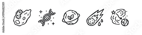 Line art icons: asteroid, dna, earth, comet, space impact