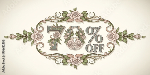 Elegant Seventy Percent Off Floral Vintage Sale Banner with Ornamental Roses Luxury Discount Decorative Vector Design