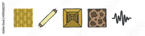 Colored hand-drawn icons: wheat, light bulb, tunnel, carpet, sound wave