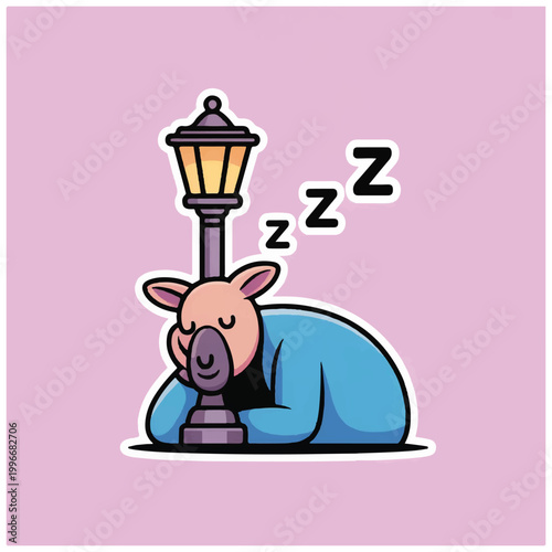 Cute cartoon animal sleeping on a lamppost.