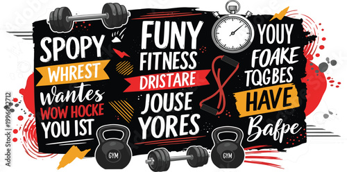 Fitness Motivation Typography Banner with Gym Equipment Dumbbells Stopwatch and Workout Quote Vector Design