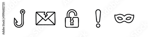 Cybersecurity icons line art: hook, envelope, unlocked padlock, exclamation, mask