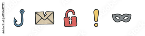 Cybersecurity icons with color: hook, envelope, unlocked padlock, exclamation, mask