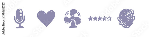 Social media and communication icons: microphone, heart, fan, stars, scribbles