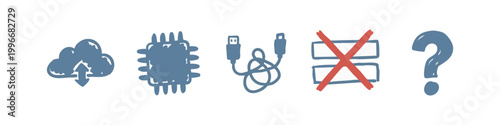 Technology and connectivity icons: cloud, chip, USB, cross, question mark