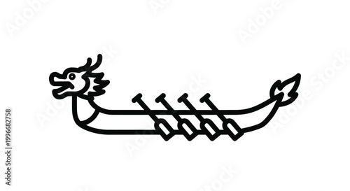 A striking black outline depicts a traditional chinese dragon boat silhouette