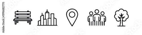 Urban and public space icons line art: bench, buildings, map pin, group, tree