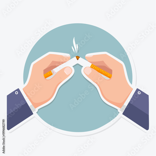 Hands breaking a lit cigarette in half