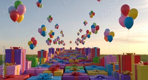 Vibrant Path of Colorful Gift Boxes and Balloons in a Field at Sunset