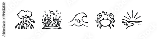 Sketchy Marine Biology and Ocean Ecology Icons with Bubbles