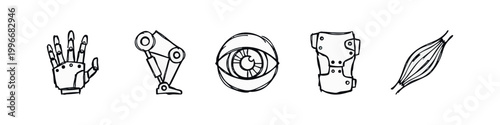 Hand Drawn Cybernetic and Bionic Body Part Icons Sketch Set