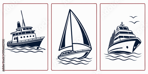 Tableau sur toile Collection of nautical vessels including sailing yacht cruise ship and motor boa