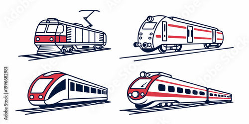 Obraz na plátně Set of four modern passenger train icons on tracks illustration with locomotive