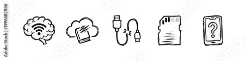 Hand Drawn Digital Technology and Cloud Connection Icons
