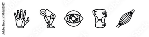 Cybernetic and Robotic Body Part Line Art Icons for Biotechnology