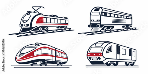 Vászonkép Set of four passenger train and commuter vehicle vector icons with locomotive tr