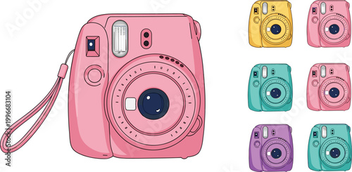 Colorful instant cameras in pink, yellow, teal, and purple, vector illustration