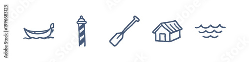 Nautical Icons: Gondola, Lighthouse, Oar, House, Waves