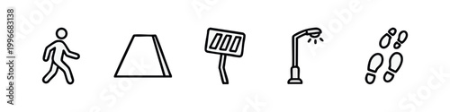 Line Art Icons: Pedestrian, Ramp, Sign, Streetlight, Footprints