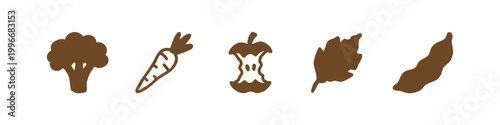 Food Waste Icons: Broccoli, Carrot, Apple Core, Leaf, Pod