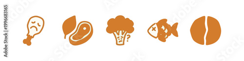 Unhealthy Food Icons: Sad Chicken Leg, Steak, Questioning Broccoli, Dead Fish, Coffee Beans