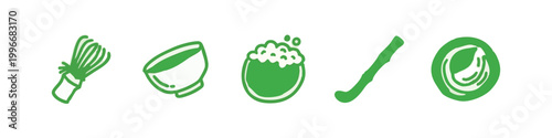 Matcha Green Tea Icons: Whisk, Bowl, Froth, Bamboo, Leaf