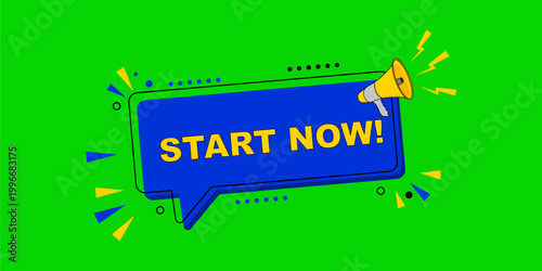 Start Now Call to Action Button with Megaphone on Green Screen.
