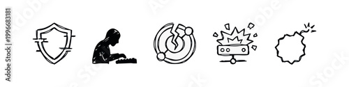 Cybersecurity Icons: Shield, Hacker, Cracked Chip, Server Explosion, Bomb