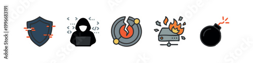Colored Cybersecurity Icons: Shield, Hacker, Cracked Chip, Server Explosion, Bomb