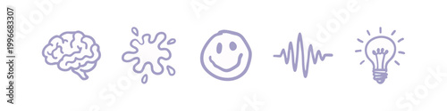 Purple hand-drawn icons related to mind and ideas: brain, splash, smiley face, waveform, and lightbulb