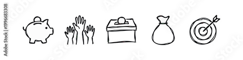 Bild auf Leinwand Black and white hand-drawn icons for finance and goals: piggy bank, hands, ballo