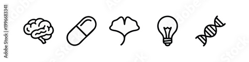 Collection of 5 black and white science and health icons