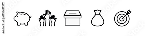 Set of 5 finance and business icons in black and white line art