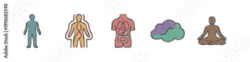 Collection of conceptual icons representing human body, mind, and health
