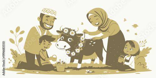 Happy muslim family decorating cow for eid al adha celebration with flowers and garlands religious holiday celebration sacrifice festival traditional children daughter