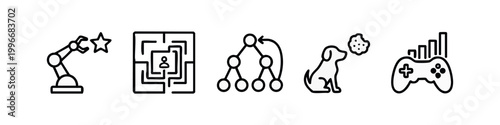 Outline icons of robot arm, maze, tree, dog, and game controller