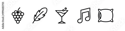 Outline icons of grapes, feather, cocktail, music note, and pillow