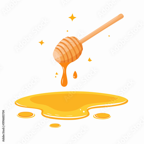 Honey dripping from a dipper onto a puddle of honey