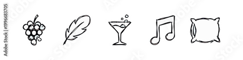 Doodle icons of grapes, feather, cocktail, music note, and pillow