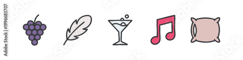 Color icons of grapes, feather, cocktail, music note, and pillow