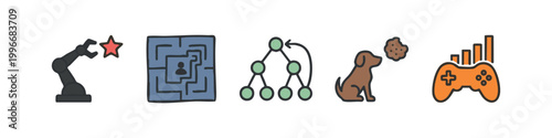 Color icons of robot arm, maze, tree, dog, and game controller