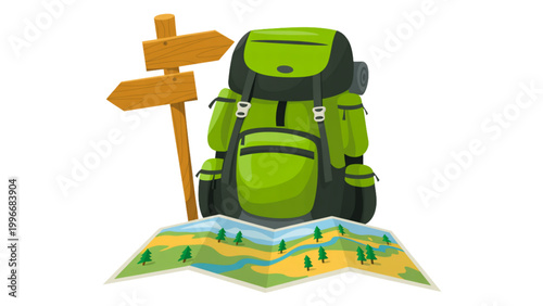 Tableau sur toile Cartoon backpacker with hiking stick exploring a lush green forest Vector